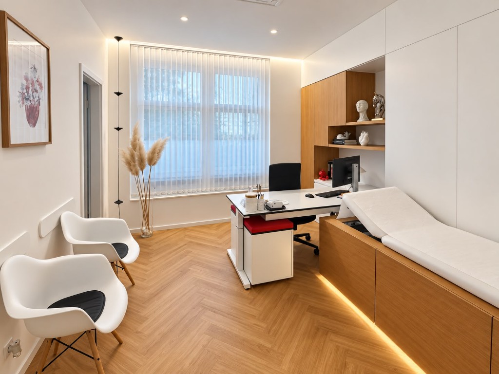 Modernes Sprechzimmer mit Schreibtisch, Besucherstühlen und Untersuchungsliege